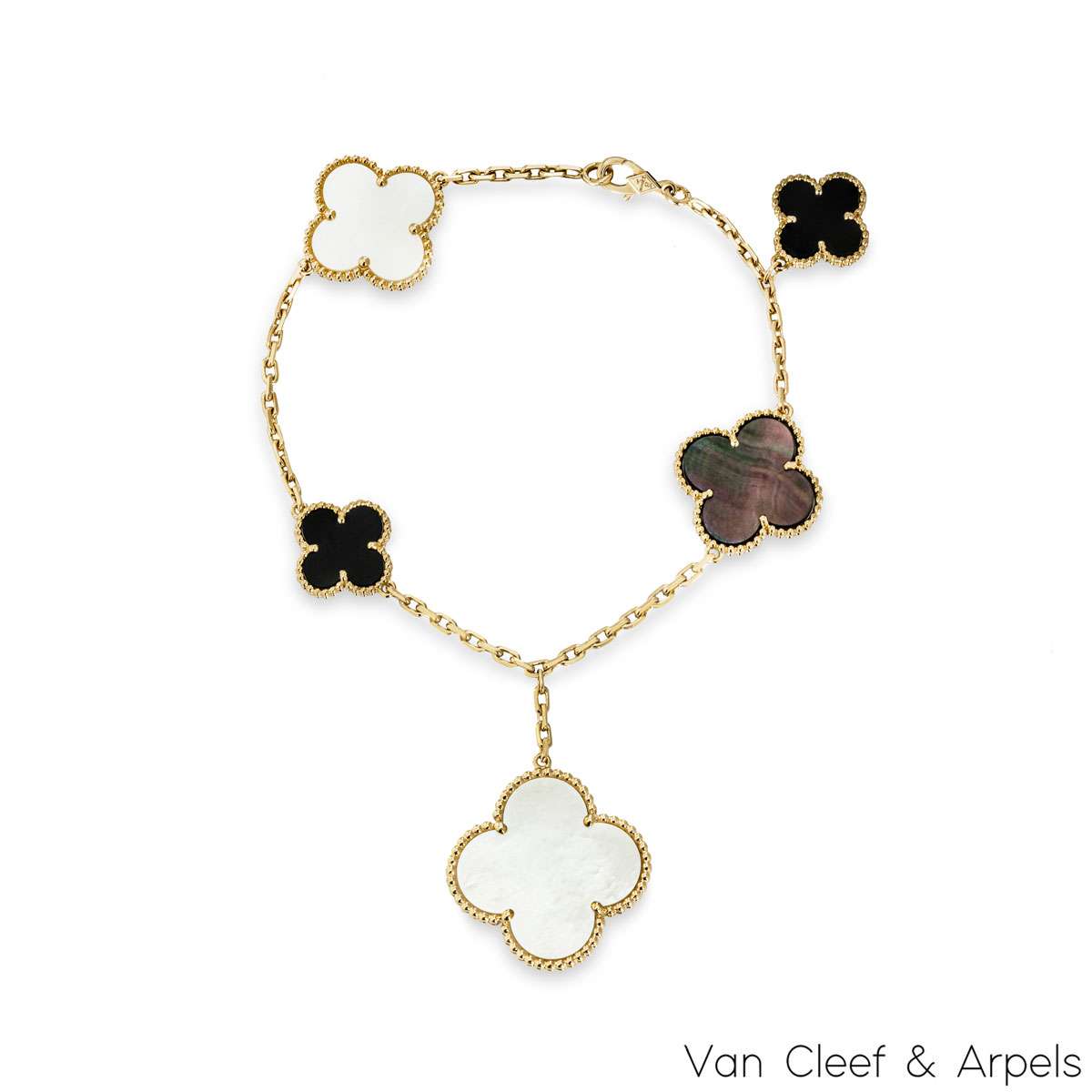 Van Cleef & Arpels Yellow Gold Mother of Pearl & Onyx Magic Alhambra 5 Motif Bracelet VCARD78700